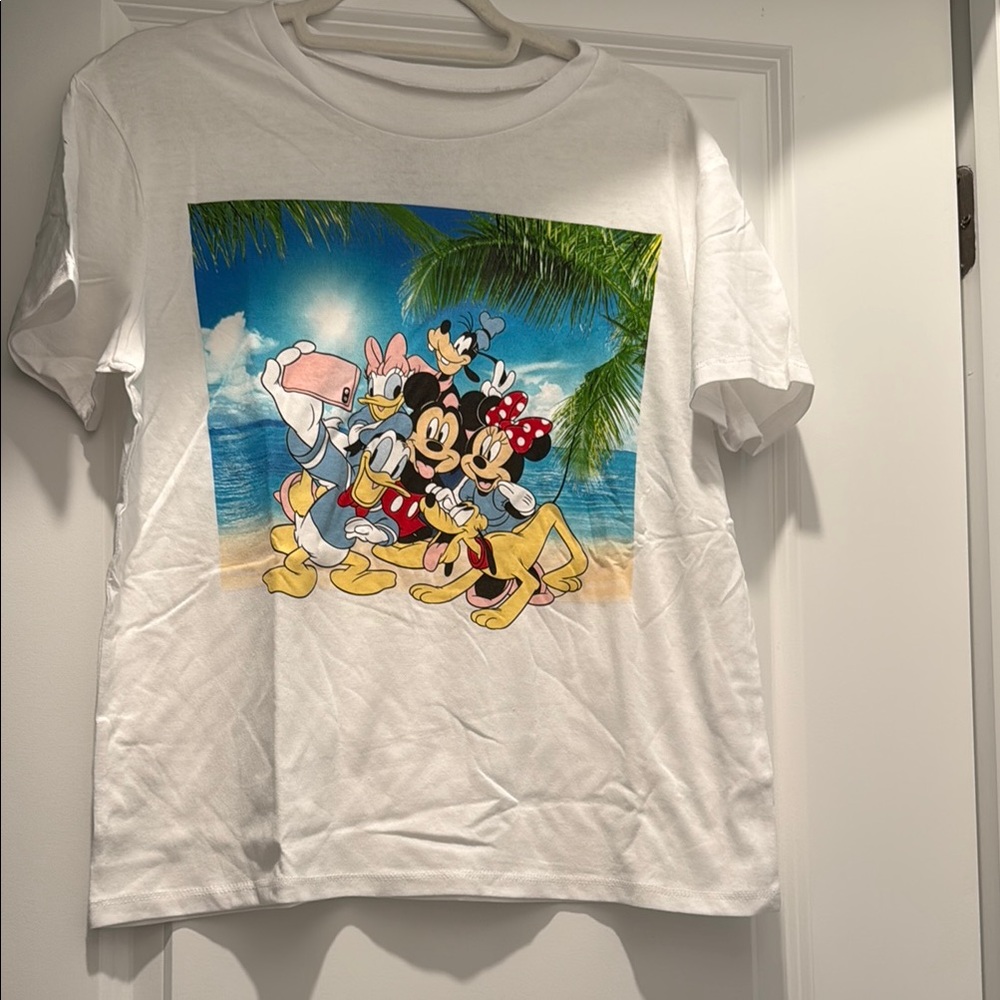 Disney White Short Sleeve Tee with Tropical Mickey Mouse Design